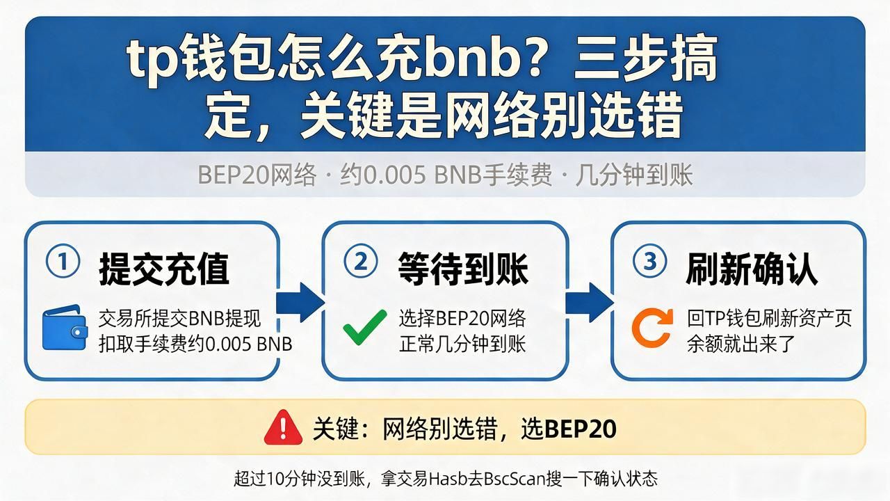 tp钱包怎么充bnb？三步搞定，关键是网络别选错